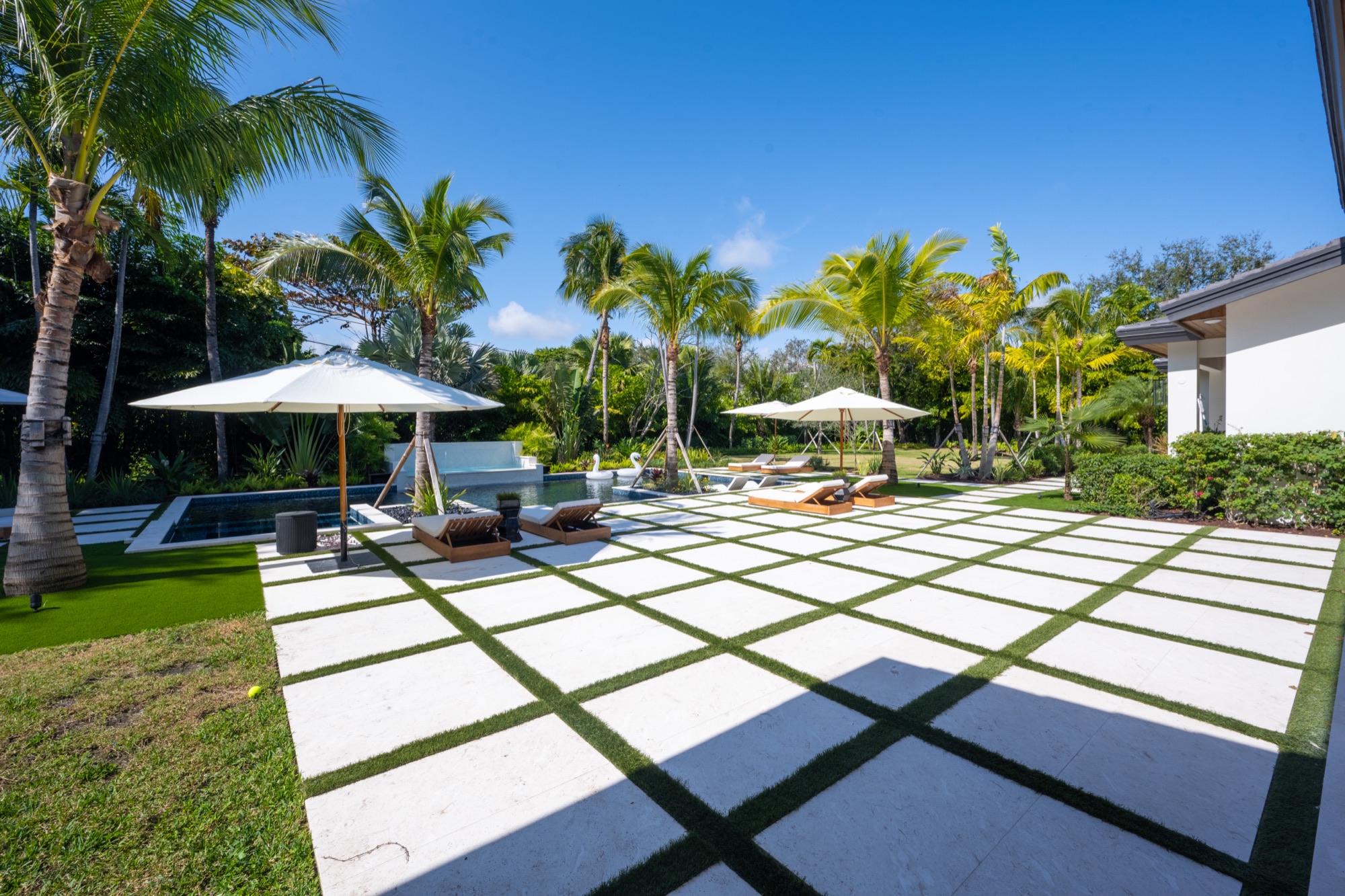 Luxury Miami backyard with pool, palm trees, and custom outdoor living space built by Hereu's Construction